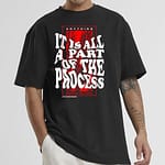 Black oversized T-shirt with bold 'Forever on the Guest List' graphic, red background, and streetwear design.