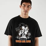 Black T-shirt featuring Son Goku from Dragon Ball Super, with an anime-inspired design on the back