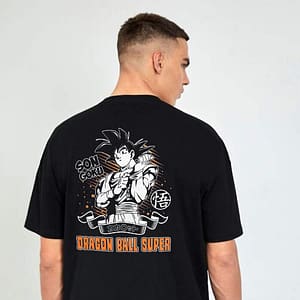 Black T-shirt featuring Son Goku from Dragon Ball Super, with an anime-inspired design on the back.