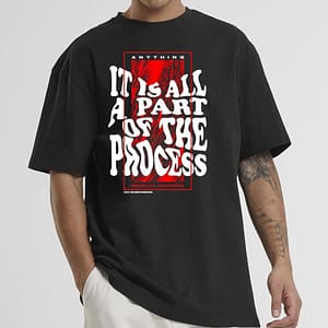 Black oversized T-shirt with bold 'Forever on the Guest List' graphic, red background, and streetwear design.