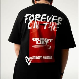 Black oversized T-shirt with bold 'Forever on the Guest List' graphic, red background, and streetwear design.