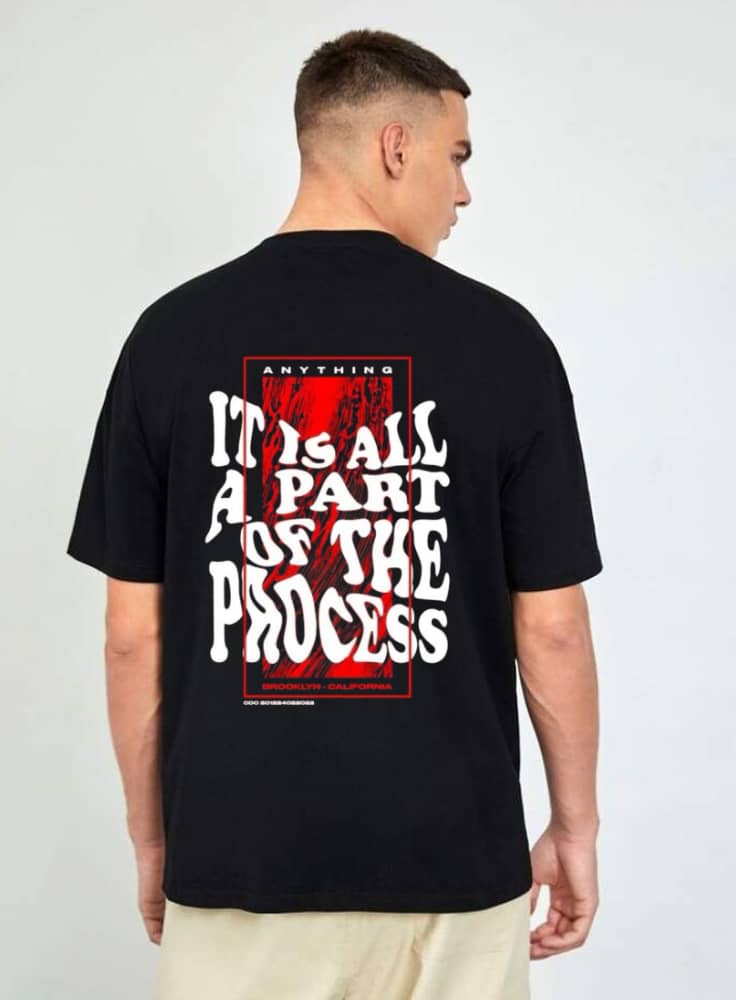 Black oversized T-shirt with bold 'Forever on the Guest List' graphic, red background, and streetwear design.