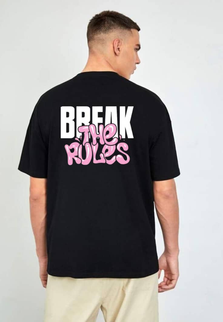 Black T-shirt with bold "Break the Rules" graphic in white and pink text on the back