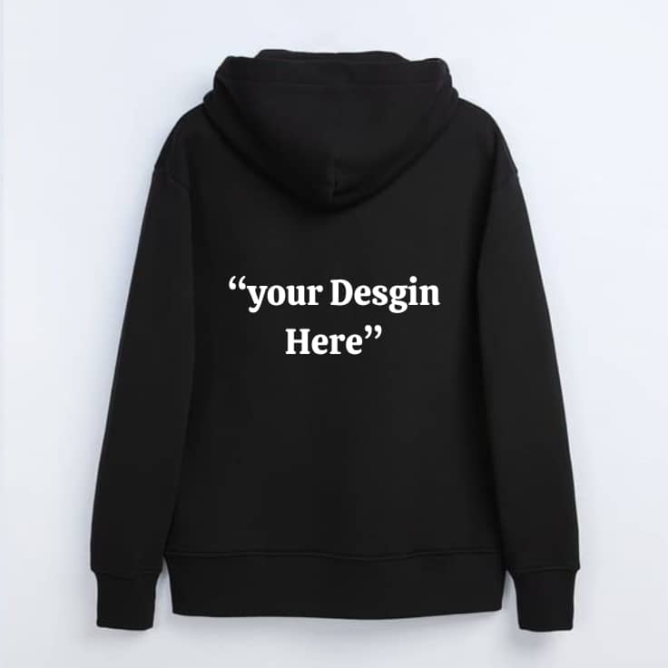 Customizable hoodie in black with "Your Design Here" text, available in multiple colors for personalized printing.