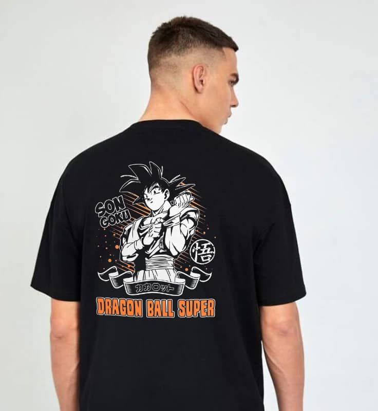 Black T-shirt featuring Son Goku from Dragon Ball Super, with an anime-inspired design on the back.