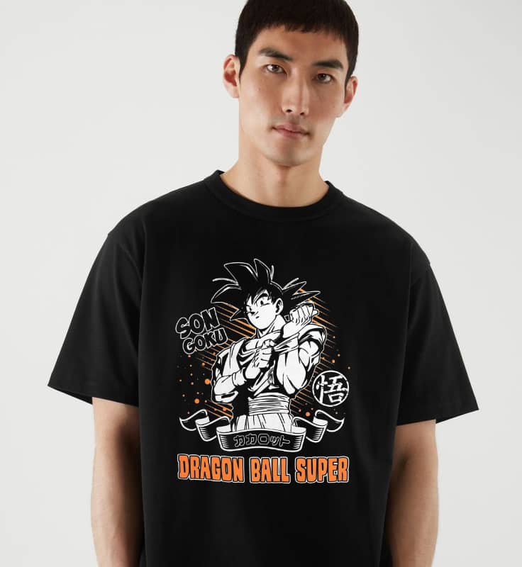 Black T-shirt featuring Son Goku from Dragon Ball Super, with an anime-inspired design on the back